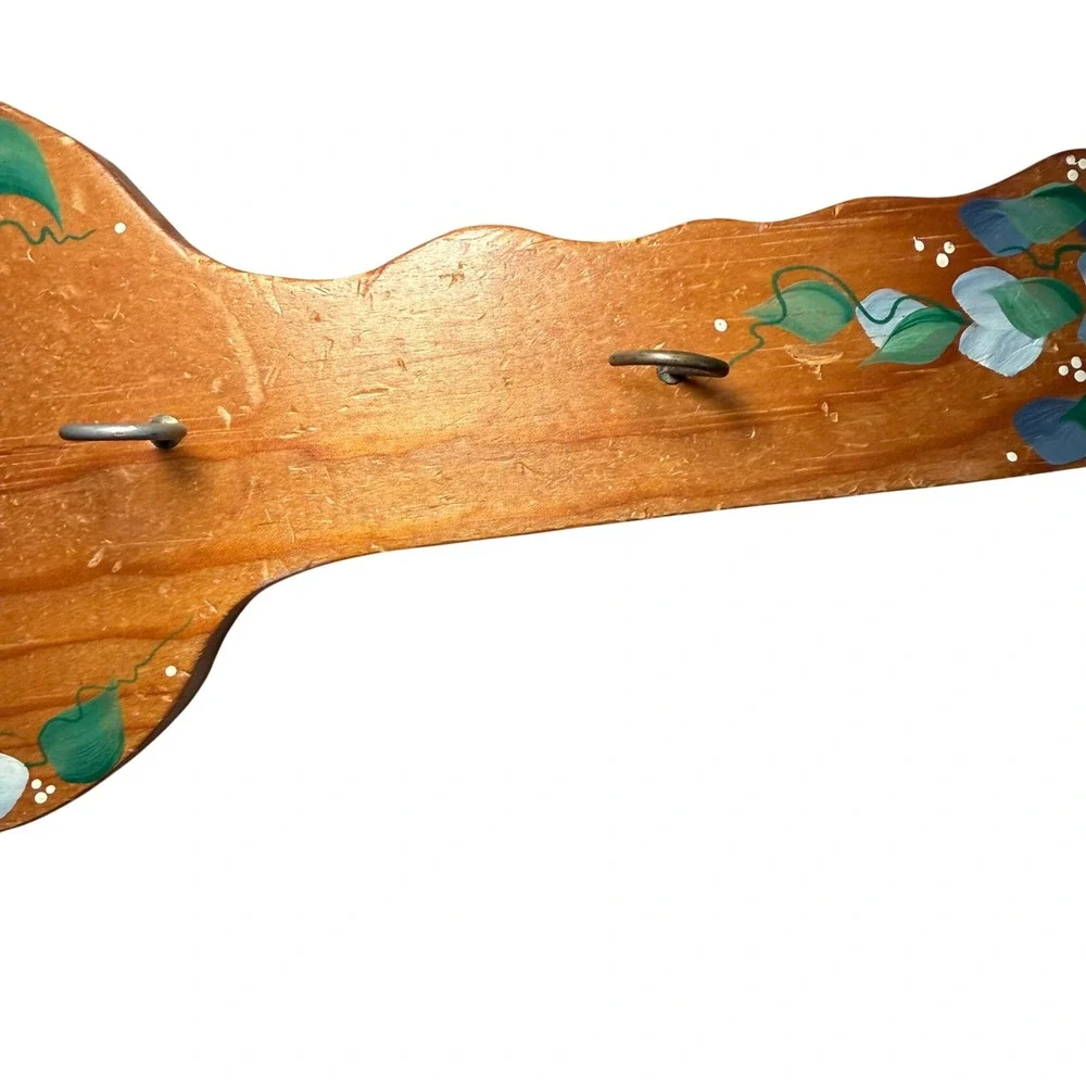 Vintage Hand Painted Wood Wall Hook Rack Floral Cottagecore Decor